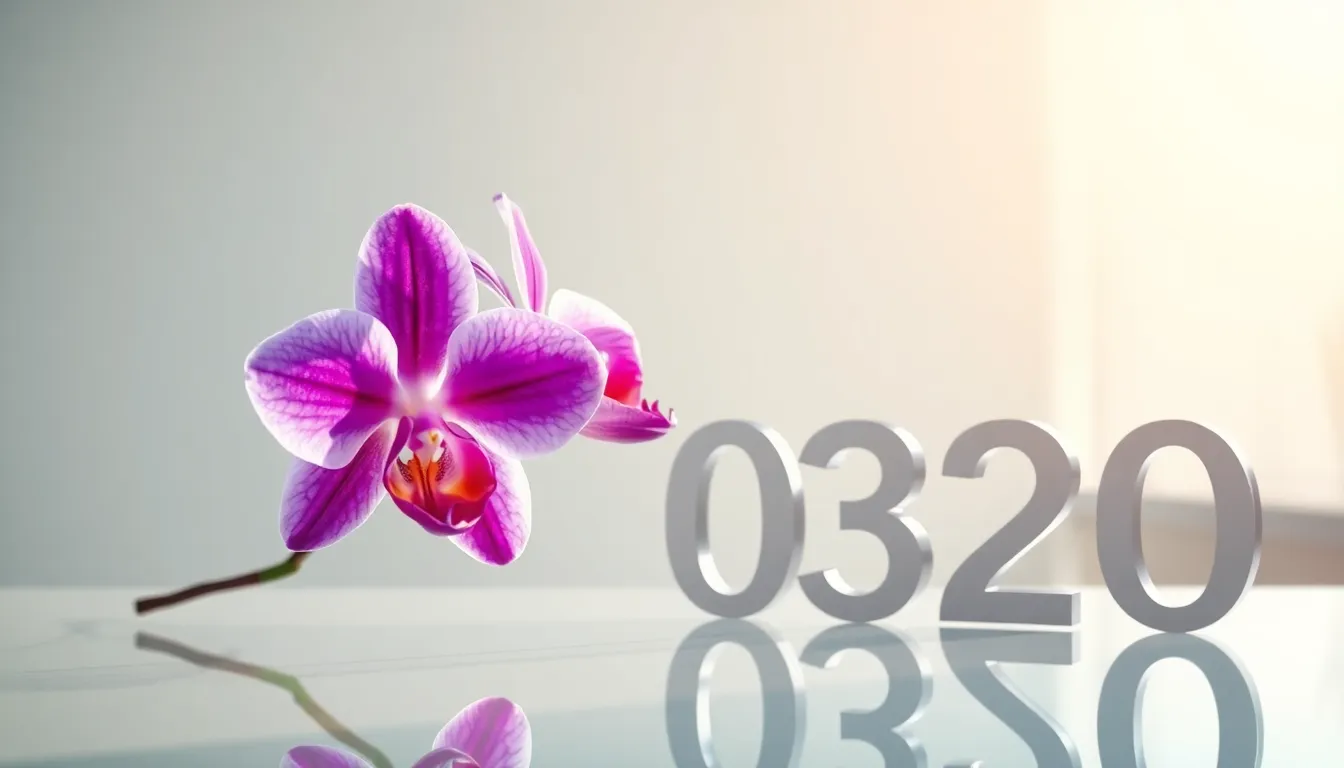 A Cattleya orchid with the numbers '0320' in a modern setting.